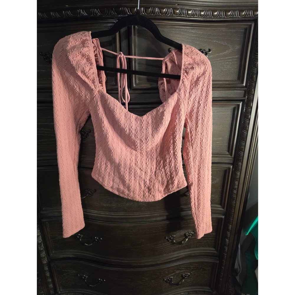 Free People Pink Textured Long Sleeve Corset Tie Back Top XS OB1192818